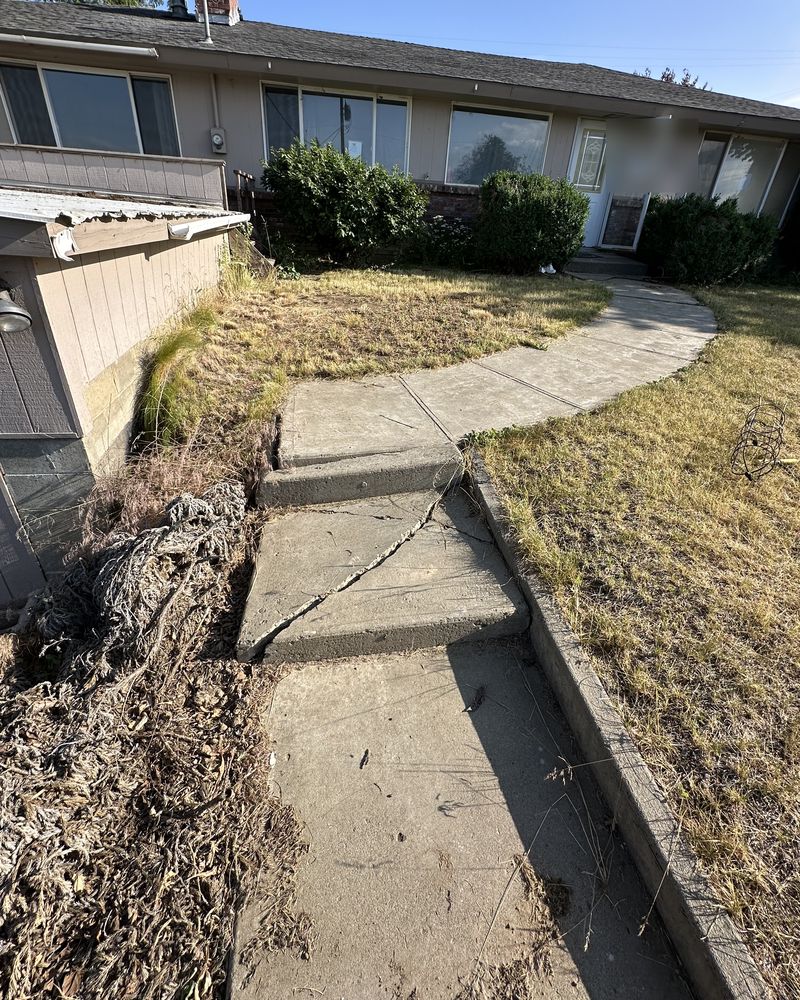 The same house: the front walk, before: broken steps and a dead yard